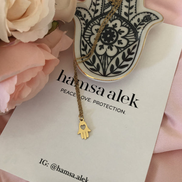 Moroccan Gold Hamsa Alek Mini Love Signature Pendant Necklace 14K plated