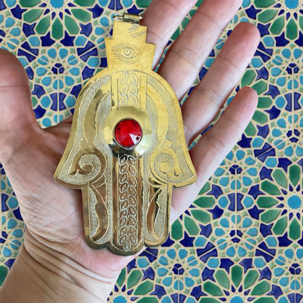 Vintage Brass Moroccan Wall Hamsa - Red