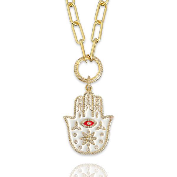 Jeweled Enamel Hamsa on Paper Clip Necklace